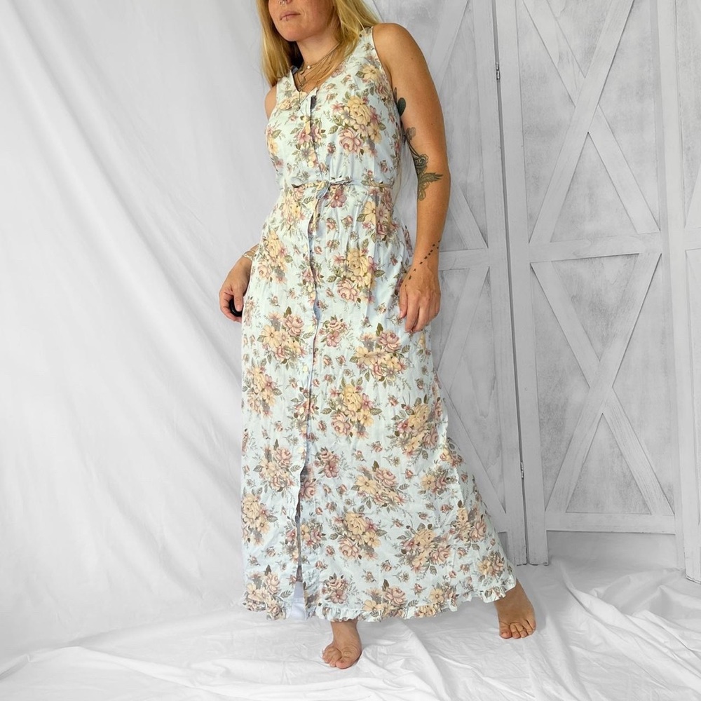 Vintage floral cotton size M maxi prairie dress in robins egg